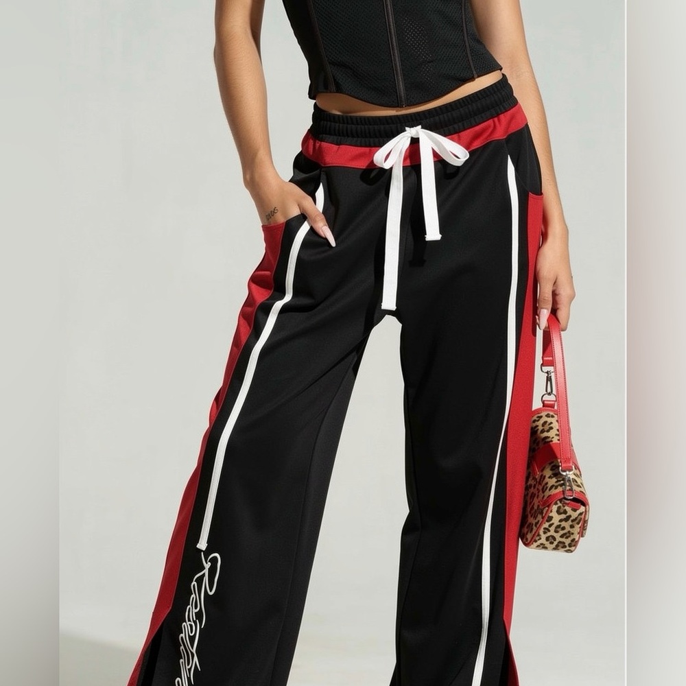 Wide-Leg Track Pants with Red Side Panels
